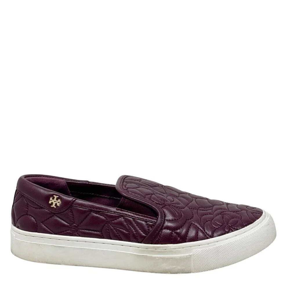 Tory Burch Sela Burgundy Floral Quilted Leather Slip On Sneakers size 6